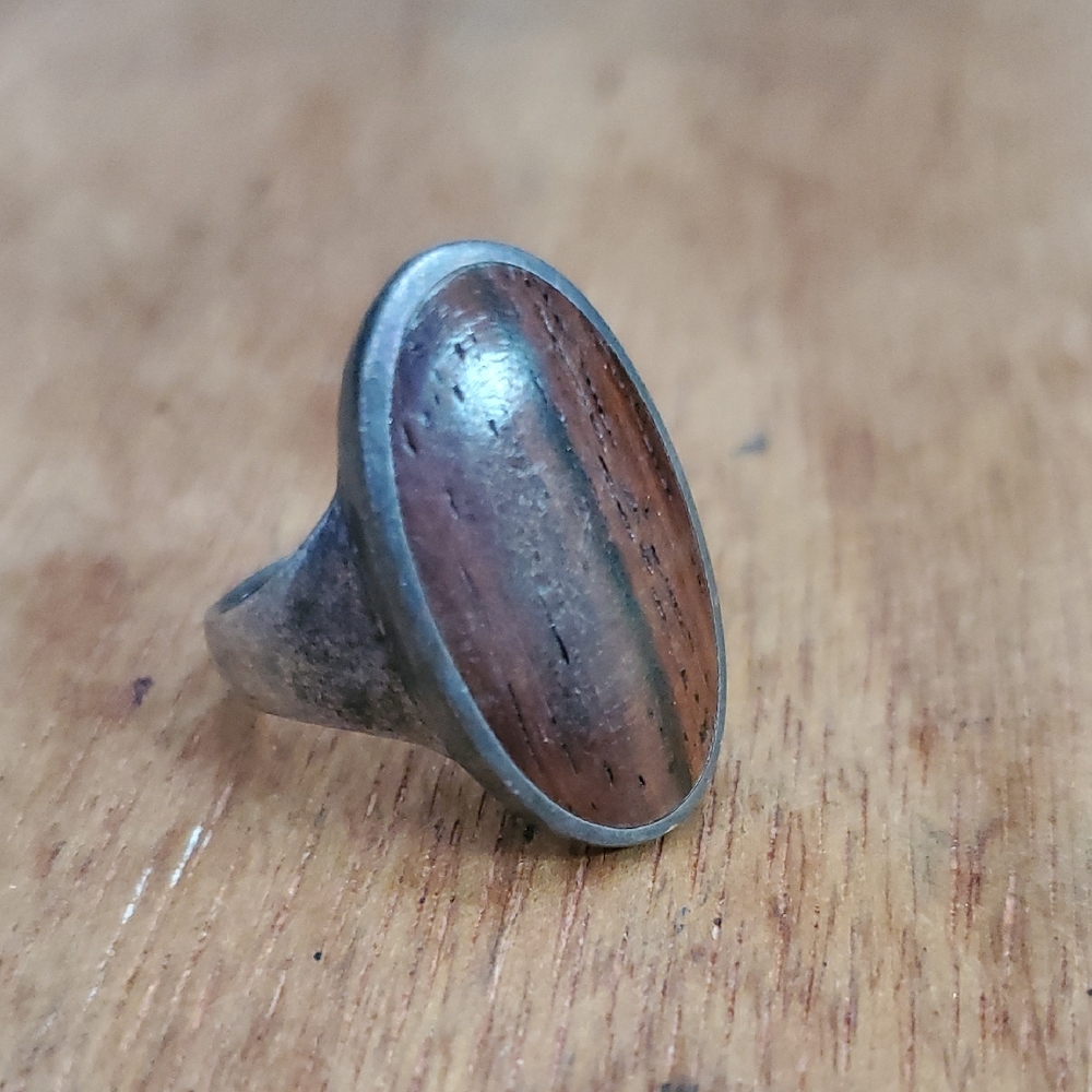 Handcrafted Brown Wood Inlay Sterling-Style Oval Ring